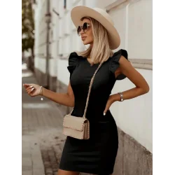 Kadın Kolsuz Omzu Volanlı Bisiklet Yaka Kaşkorse Mini Elbise