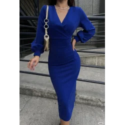 Kadın Kruvaze Yaka Balon Kol Simli Krep Kumaş Midi Boy Elbise