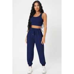 Kadın Lacivert Kaşkorse Cepli Jogger Eşofman Altı ve Crop Top Bluz – Şık, Rahat ve Kolay Kombinlenebilir