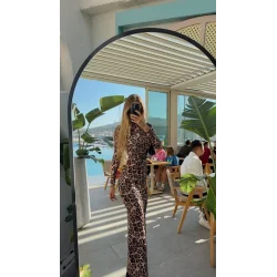 Kadın Leopar Desenli Sırt Dekoltelı Maxı Boy Elbise