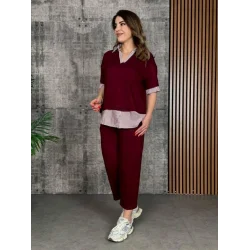 Kadın Modal Kumaş çizgili Gömlek Yaka Ikili Takım