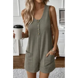 Kadın Omuz Askılı önden Düğmeli Waffle Kısa Tulum