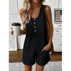 Kadın Omuz Askılı önden Düğmeli Waffle Kısa Tulum