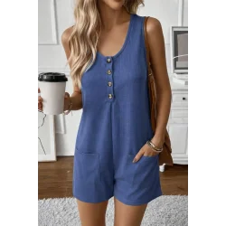 Kadın Omuz Askılı önden Düğmeli Waffle Kısa Tulum