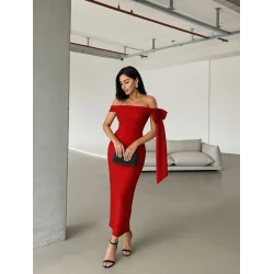 Kadın Omuz Dekolte Kurdele Detay Uzun Krep Elbise