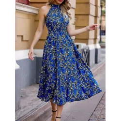 Kadın Omuz Dekolteli Halter Yaka Desenli Maxi Süprem Elbise