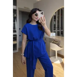 Kadın Omuz Detay Kuşak Dahil Bluz Ve Pantolon Keten Kumaş Ikili Takım