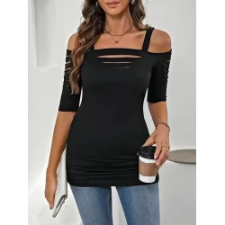 Kadın Omuzlardan Açık Askılı Lazer Kesim Detaylı Viskon Bluz