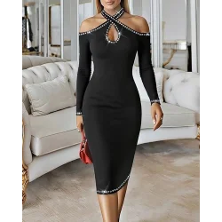 Kadın Omuzlardan Açık Boyundan Geçmeli Damla Detaylı Taşlı Midi Dalgıç Elbise