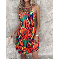 Kadın Omuzlardan Açık çapraz şerit Detaylı Desenli Süprem Elbise