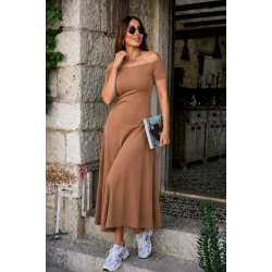 Kadın Omuzlardan Açık Lastikli Uzun Viskon Elbise