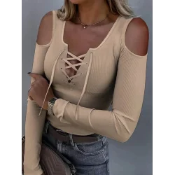 Kadın Omuzlardan Açık Uzun Kollu Bağcıklı Kaşkorse Bluz