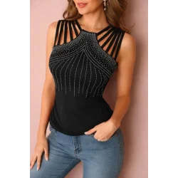 Kadın Omuzlardan Askı şerit Detaylı Taşlı Viskon Bluz