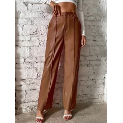 Kadın önden Fermuarlı Cepli Geniş Kesim Lame Deri Pantolon