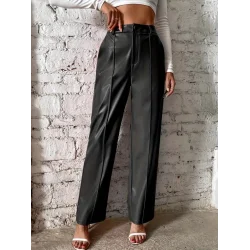 Kadın önden Fermuarlı Cepli Geniş Kesim Lame Deri Pantolon