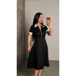 Kadın Polo Yaka Fermuar Detaylı Modal Midi Elbise