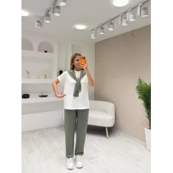 Kadın şal Dahil Bisiklet Yaka Bluz Ve Pantolon üçlü Takım