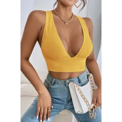 Kadın Sarı Çapraz Sırt Detaylı Şık Crop Top Büstiyer – Modern ve Şık Tasarım