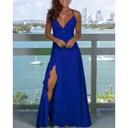 Kadın Sıfır Kol Ip Askılı Dekolteli Yırtmaç Detay Krep Elbise