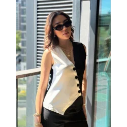 Kadın Sıfır Kol V Yakalı Düğmeli Blok Renkli Atlas Yelek