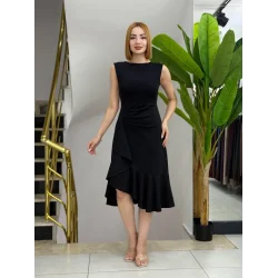 Kadın Sıfır Kollu Belden Büzgülü Eteği Volanlı Asimetrik Kesim Midi Janjan Krep Elbise