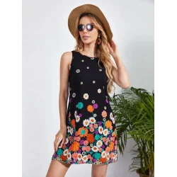 Kadın Sıfır Kollu Bisiklet Yaka çiçek Desenli Süprem Mini Elbise