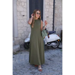 Kadın Sıfır Kollu Bisiklet Yaka Viskon Elbise