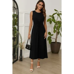 Kadın Sıfır Kollu Bisiklet Yaka Yandan Büzgü Detaylı Viskon Elbise