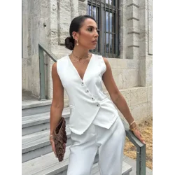 Kadın Sıfır Kollu çapraz V Yakalı önden Düğmeli Atlas Yelek Ve Pantolon Ikili Takım