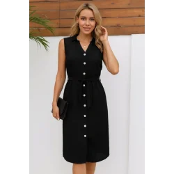 Kadın Sıfır Kollu Hakim Yaka önden Düğmeli Belden Kuşaklı Ithal Keten Elbise