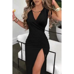 Kadın Sıfır Kollu V Yakalı Yırtmaç Detaylı Beli Büzgülü Omuzdan Bağcıklı Sandy Maxi Elbise