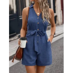 Kadın Sıfır Kollu Yakalı Düğmeli Belden Kuşaklı Kısa Keten Tulum