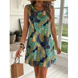 Kadın Sıfır Kollu Yuvarlak Yaka Desenli Süprem Elbise