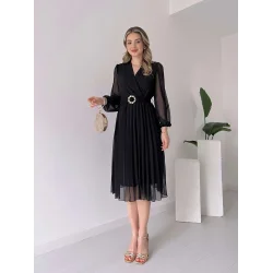 Kadın şifon Kumaş Astalı Kloş Kesim Kruvaze Yaka Midi Boy Elbise