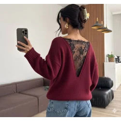 Kadın Sırtı Dantel Transparan Detay Triko Kazak