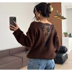 Kadın Sırtı Dantel Transparan Detay Triko Kazak