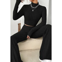 Kadın Siyah Boğazlı Crop Top ve Yüksek Bel Eşofman Takımı Spor Şık Kombin