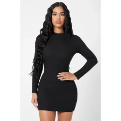 Kadın Siyah Kaşkorse Balıkçı Yaka Uzun Kollu Bodycon Mini Elbise