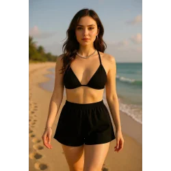 Kadın Siyah Şortlu Belden ve Boyundan Bağlamalı Bikini Takımı – Modern, Konforlu ve Günlük Kombinlere Uygun