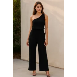 Kadın Siyah Tek Omuzlu Şık Bluz & Geniş Paça Pantolon İkili Takım – Modern, Konforlu ve Günlük Kombinlere Uygun