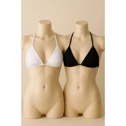 Kadın Siyah ve Beyaz Minimal Kesim Üçgen Bikini Üstü – Modern ve Şık Tasarım