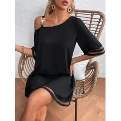 Kadın Tek Omuzdan Acık Askılı Tül şerit Detaylı Kısa Janjan Krep Elbise