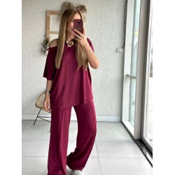 Kadın Tek Omuzdan Açık Geniş Kesim Viskon Iki Iplik Bluz Ve Pantolon Ikili Takım