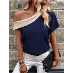 Kadın Tek Omuzu Açık Asimetrik Yaka Detaylı çift Renkli Ithal Krep Bluz