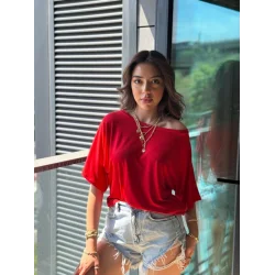 Kadın Tek Omuzu Açık Kısa Kollu Salaş Viskon Bluz