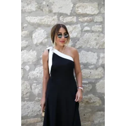 Kadın Tek Omuzu Açık Omuzlardan Kurdela Detaylı çift Renkli Ithal Krep Elbise