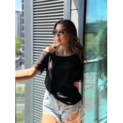 Kadın Tek Omuzu Askılı Kısa Kollu Toka Detaylı Dantelli Viskon Bluz