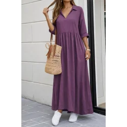 Kadın Truvakar Kollu V Yakalı Yırtmaçlı Uzun Aerobin Elbise