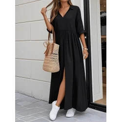 Kadın Truvakar Kollu V Yakalı Yırtmaçlı Uzun Aerobin Elbise