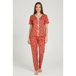 Kadın Turuncu Kalp Desenli Fiyonklu Kısa Kollu Uzun Pijama Takımı